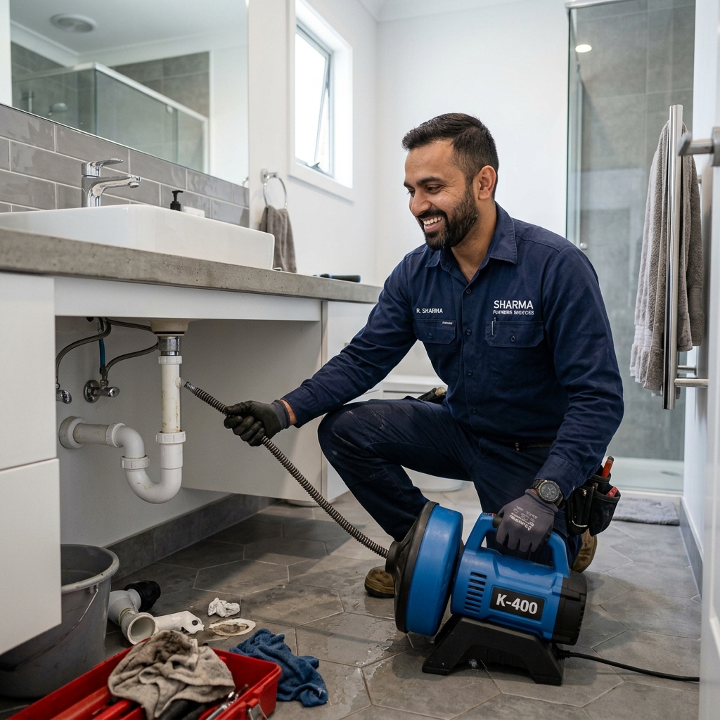 Drain Cleaning Services Delhi - plumber using mechanical drain clearing tool